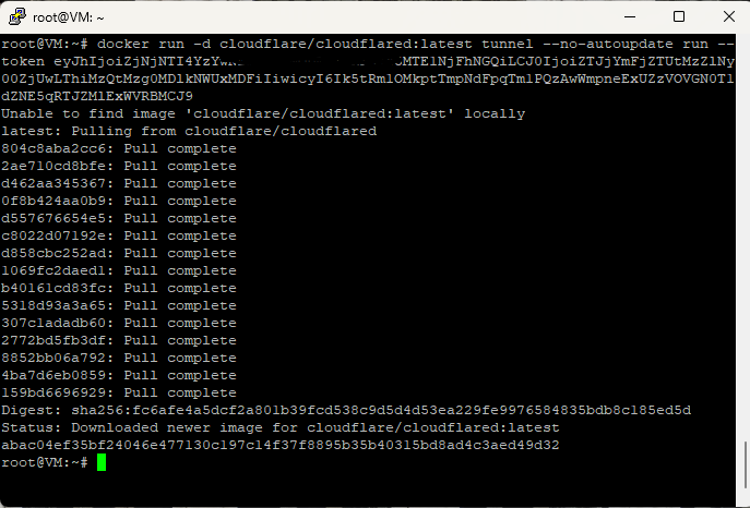 Terminal running the cloudflared container and pulling the image layers until the installation completes