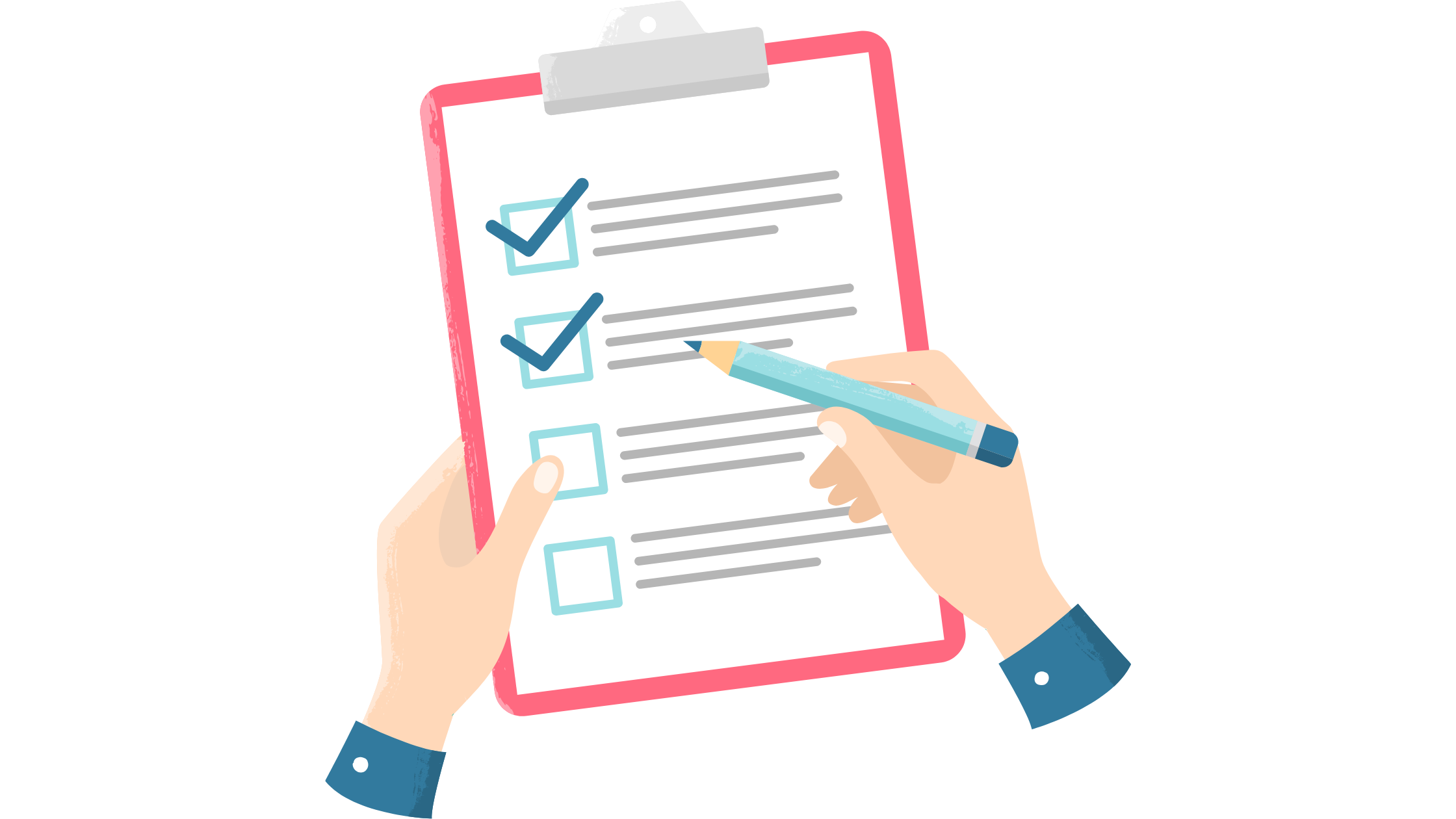 Illustration of hands ticking boxes on a checklist with a pencil