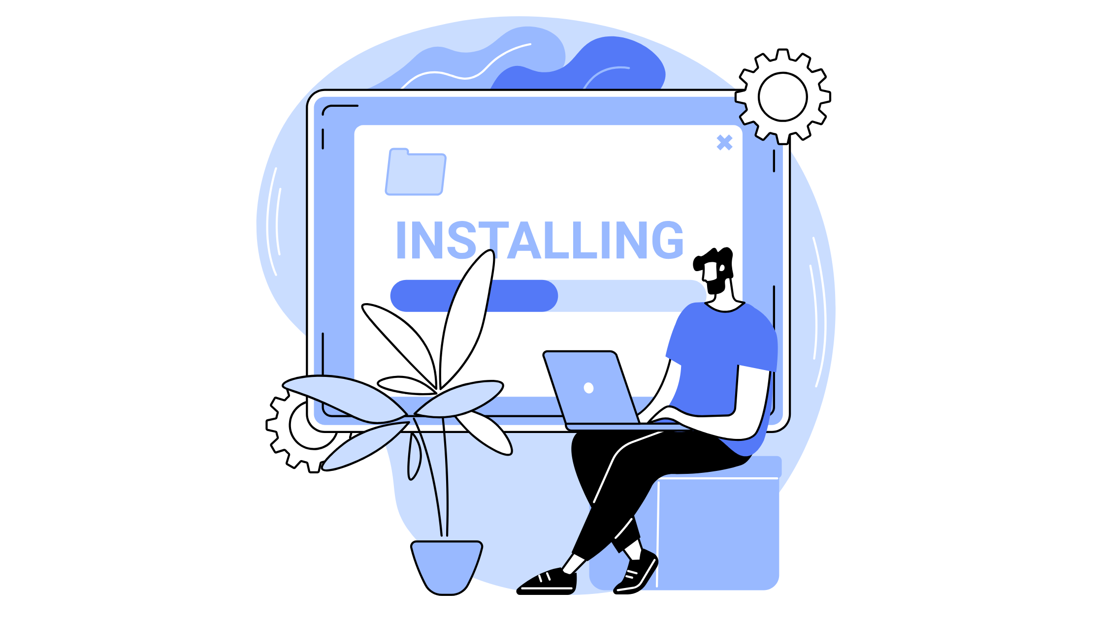 Illustration of a person at a laptop while a screen displays the word Installing
