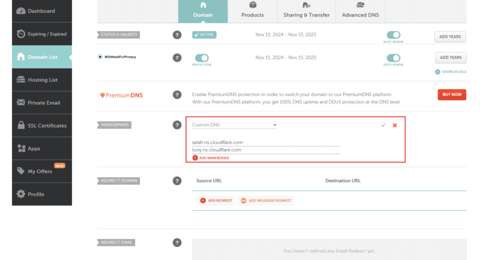 Registrar panel with the Custom DNS option selected and the two Cloudflare nameservers entered