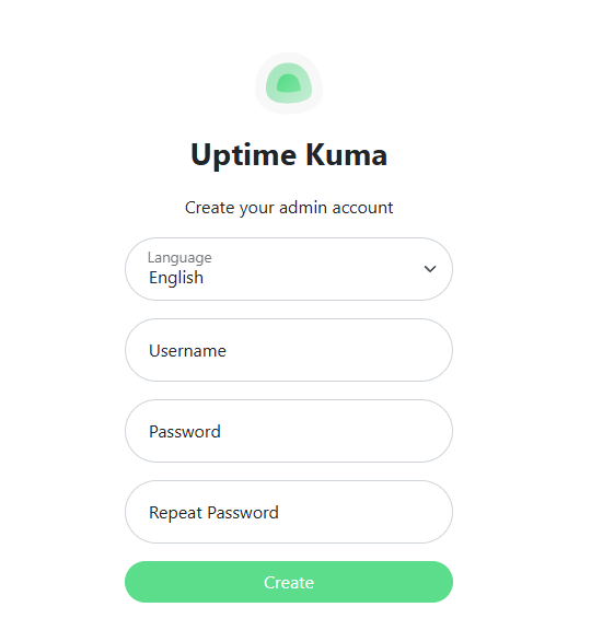 Uptime Kuma initial screen for creating the administrator account with language, username and password