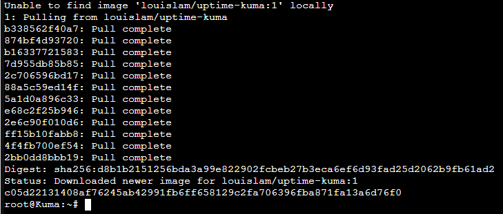 Terminal pulling the louislam/uptime-kuma image with Docker until every layer completes