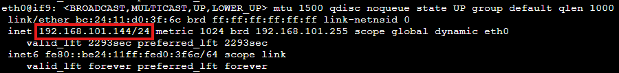 ip output with the server address 192.168.101.144/24 outlined in red