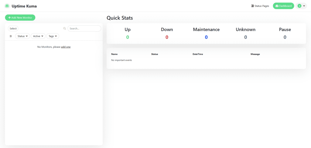 Freshly installed Uptime Kuma dashboard, with all stats at zero and a notice that there are no monitors yet
