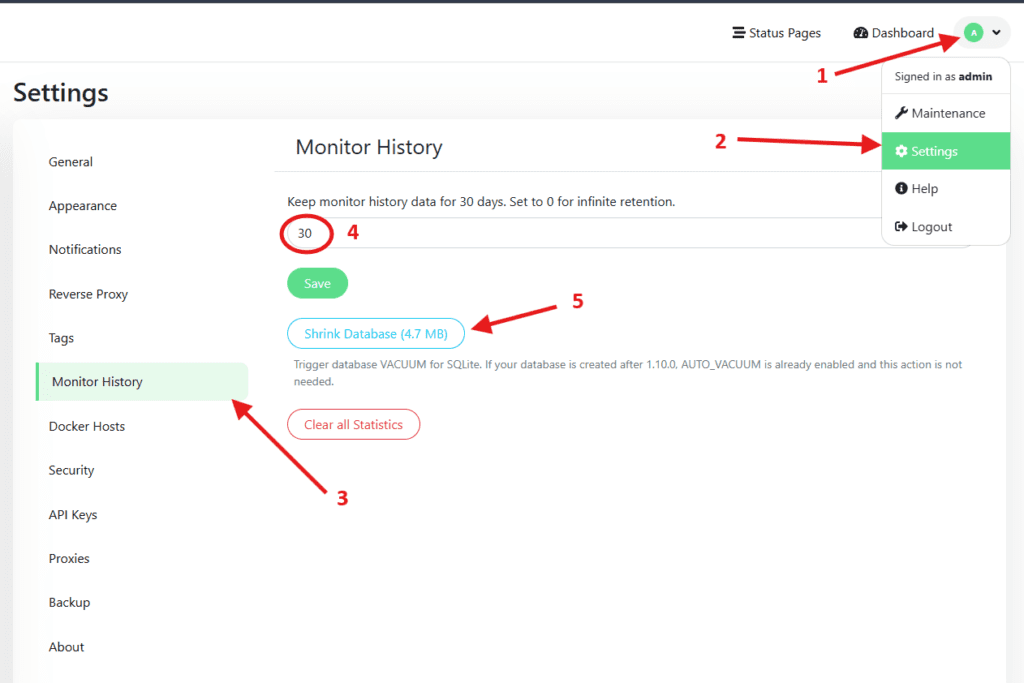 Uptime Kuma Monitor History settings with retention at 30 days and the button to shrink the database
