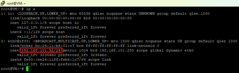 ip a output on the server with the eth0 interface address 192.168.101.52/24 outlined in red