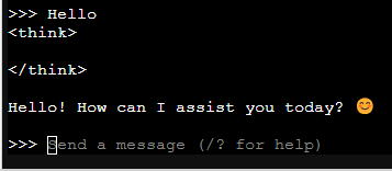 First conversation with DeepSeek R1 in the terminal, showing the empty reasoning tags and the model's greeting