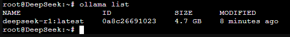 ollama list output showing the installed deepseek-r1 model, its ID and its 4.7 GB size