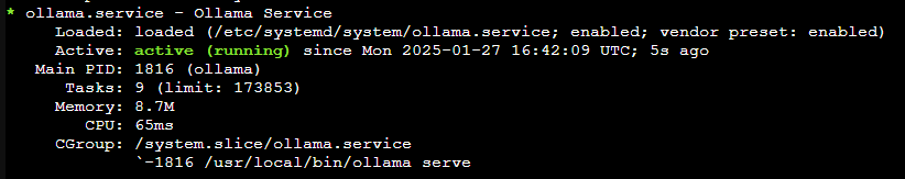 systemctl output with the ollama service in the active running state and its process ID