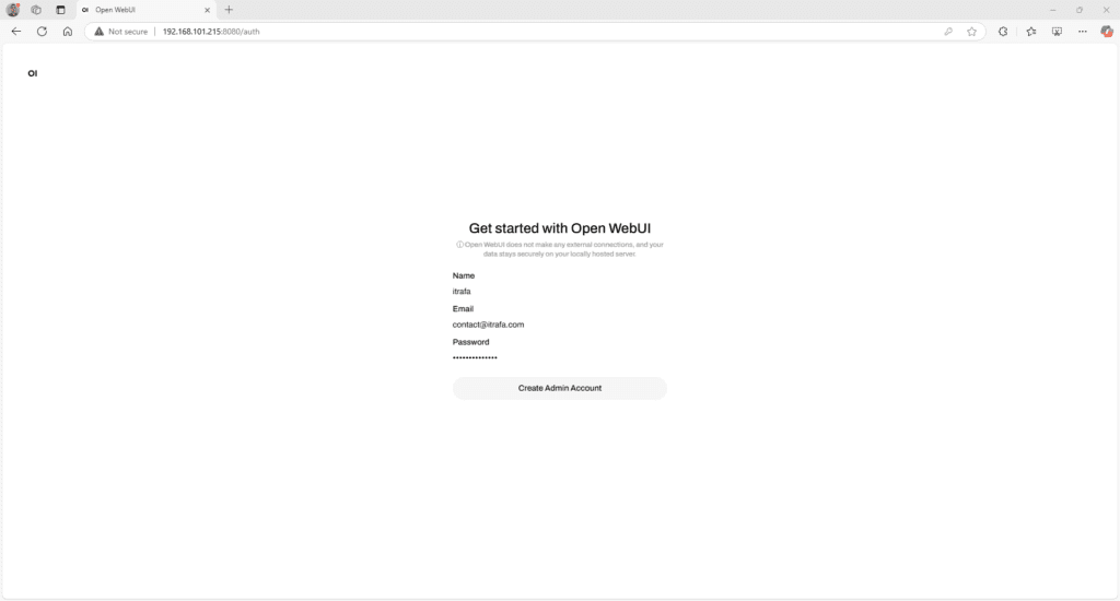 Open WebUI welcome screen for creating the administrator account with name, email and password