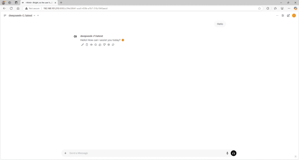 First conversation with DeepSeek R1 from the Open WebUI web interface in the browser