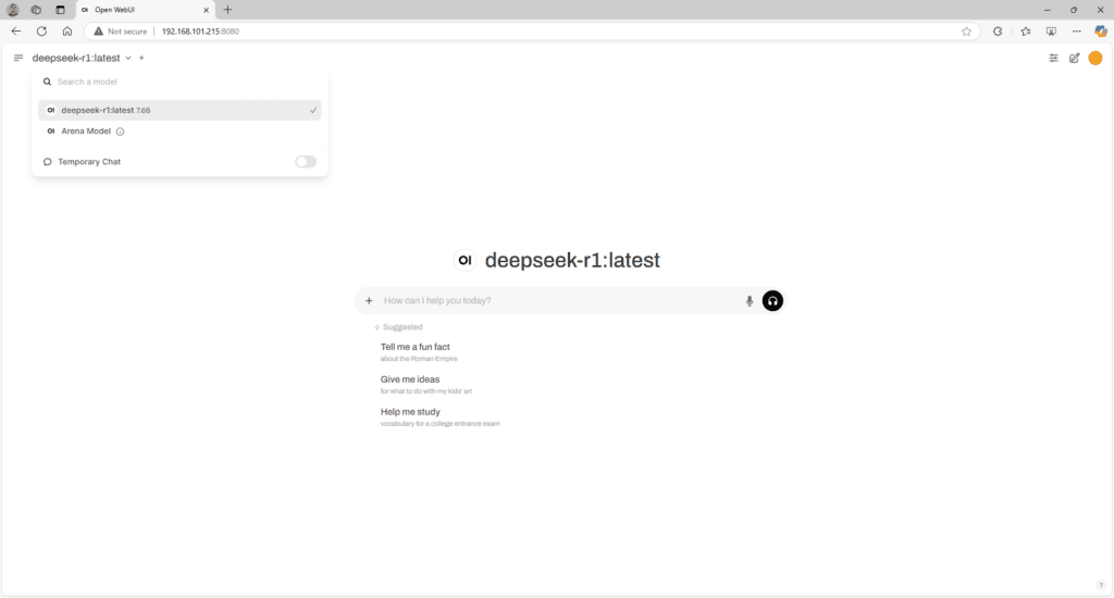 Open WebUI model selector expanded, with deepseek-r1 marked as the active model