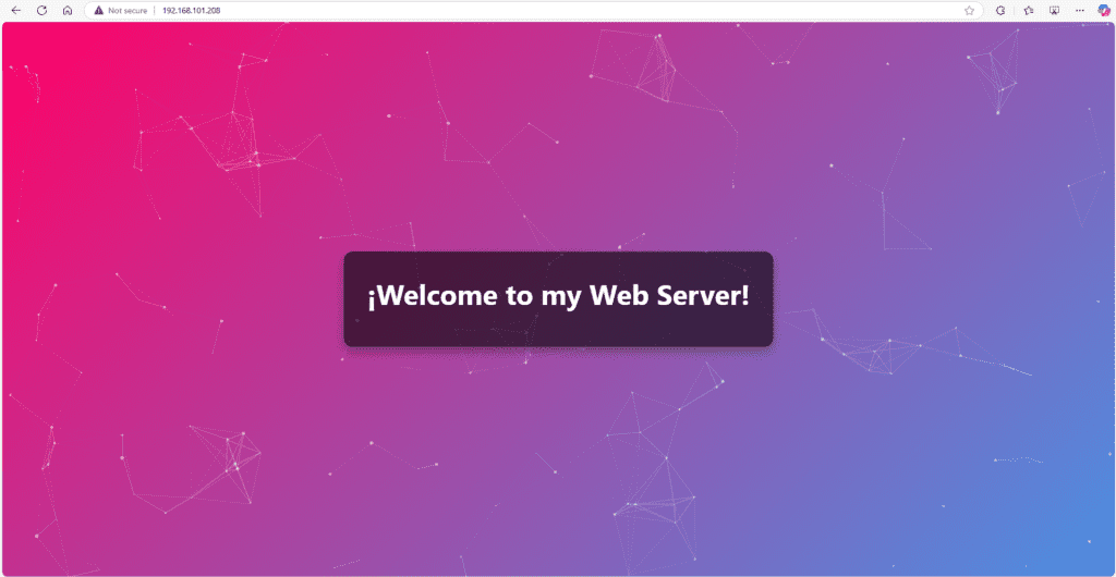 Browser opening the server's local IP and showing the test welcome page