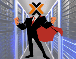 Proxmox como superhéroe controlando una sala de servidores virtualizados