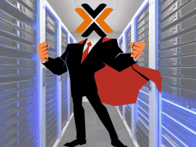 Proxmox como superhéroe controlando una sala de servidores virtualizados