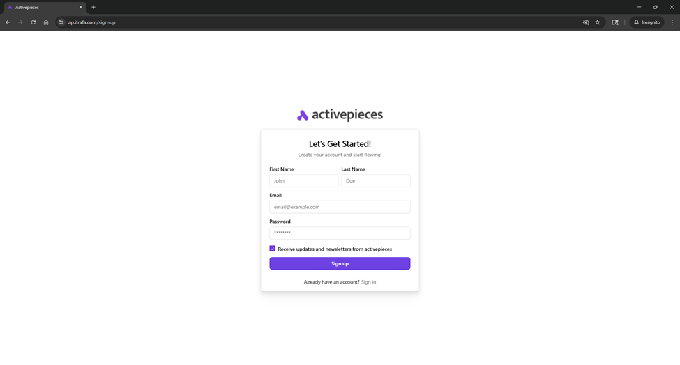 Browser opening ActivePieces on its public subdomain, now reachable from outside the network