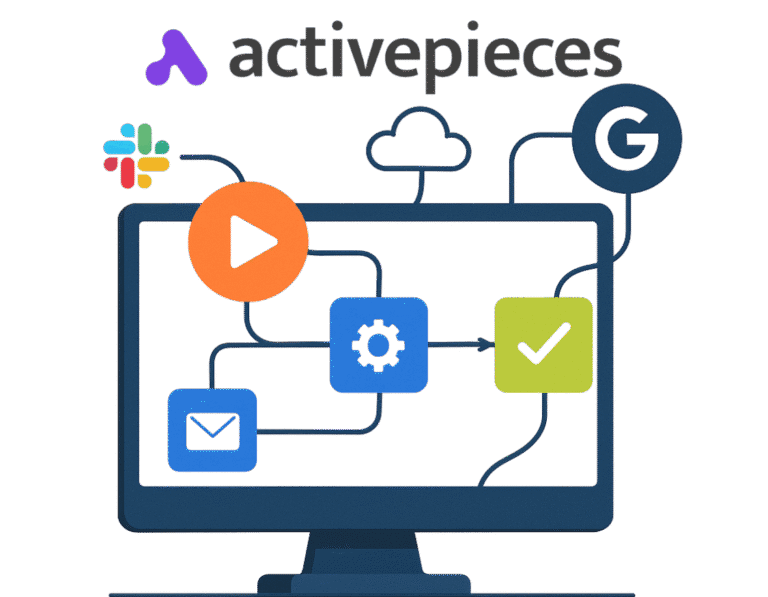 Ilustración de automatización con ActivePieces conectando aplicaciones entre sí