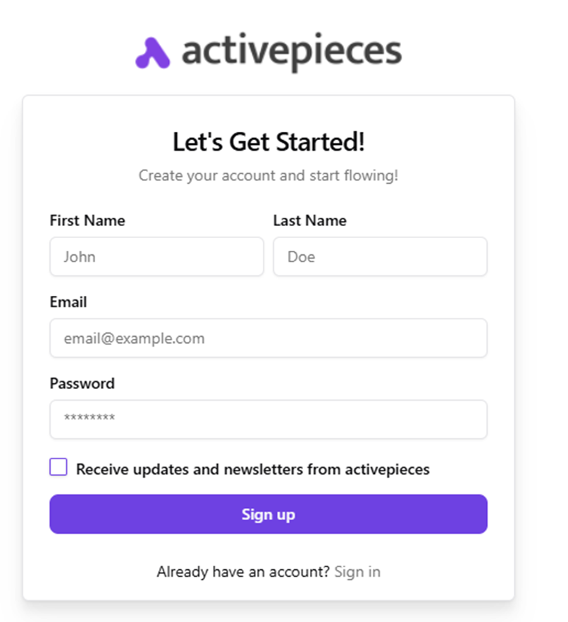 ActivePieces sign-up form for creating the first account of the installation