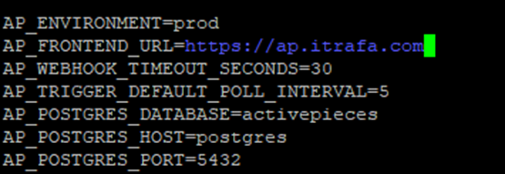 ActivePieces environment variables with AP_FRONTEND_URL pointing to the public domain