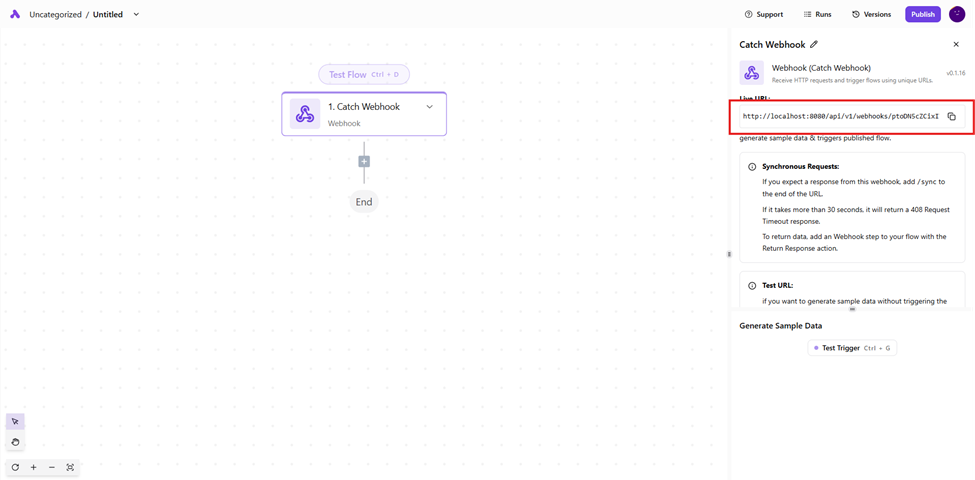 ActivePieces flow editor with the Catch Webhook step and its URL still pointing to localhost