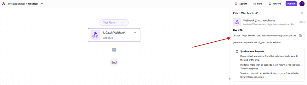 The same Catch Webhook step now showing the public webhook URL after fixing the configuration