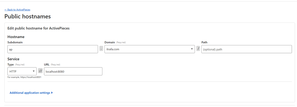 Tunnel public hostname form pointing the ap subdomain to the local service on port 8080