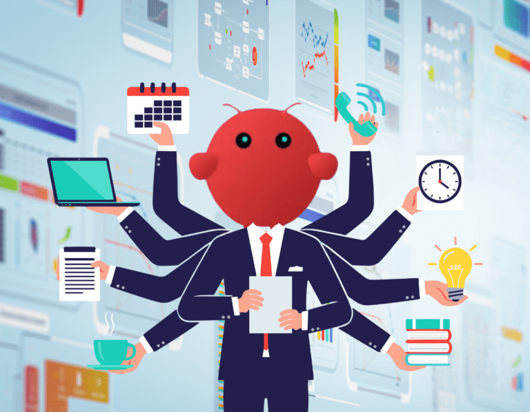 Ilustración de un asistente de inteligencia artificial con varios brazos atendiendo tareas a la vez
