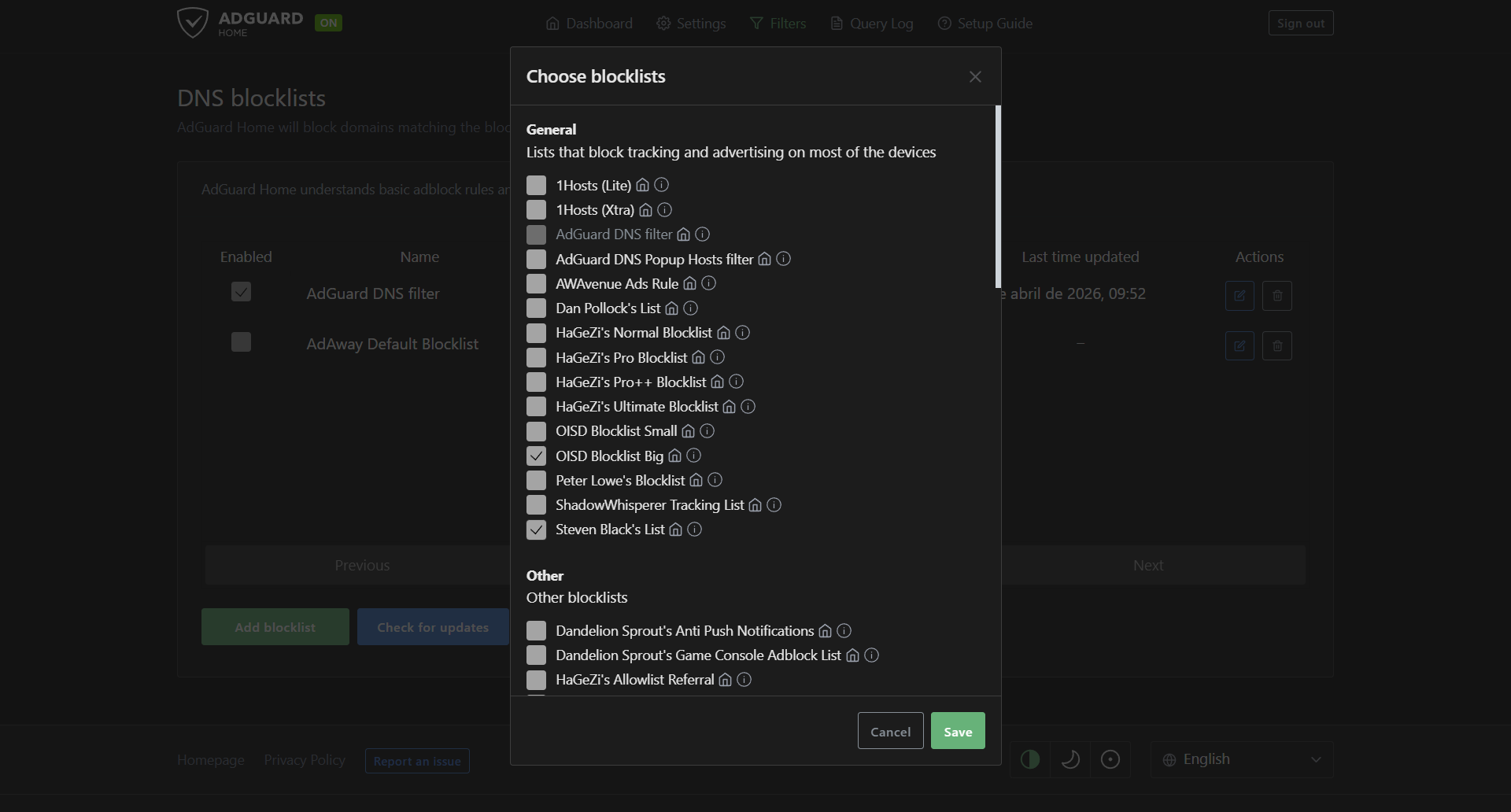 Menú de listas de bloqueo predefinidas en AdGuard Home
