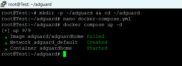 Docker Compose desplegando AdGuard Home exitosamente