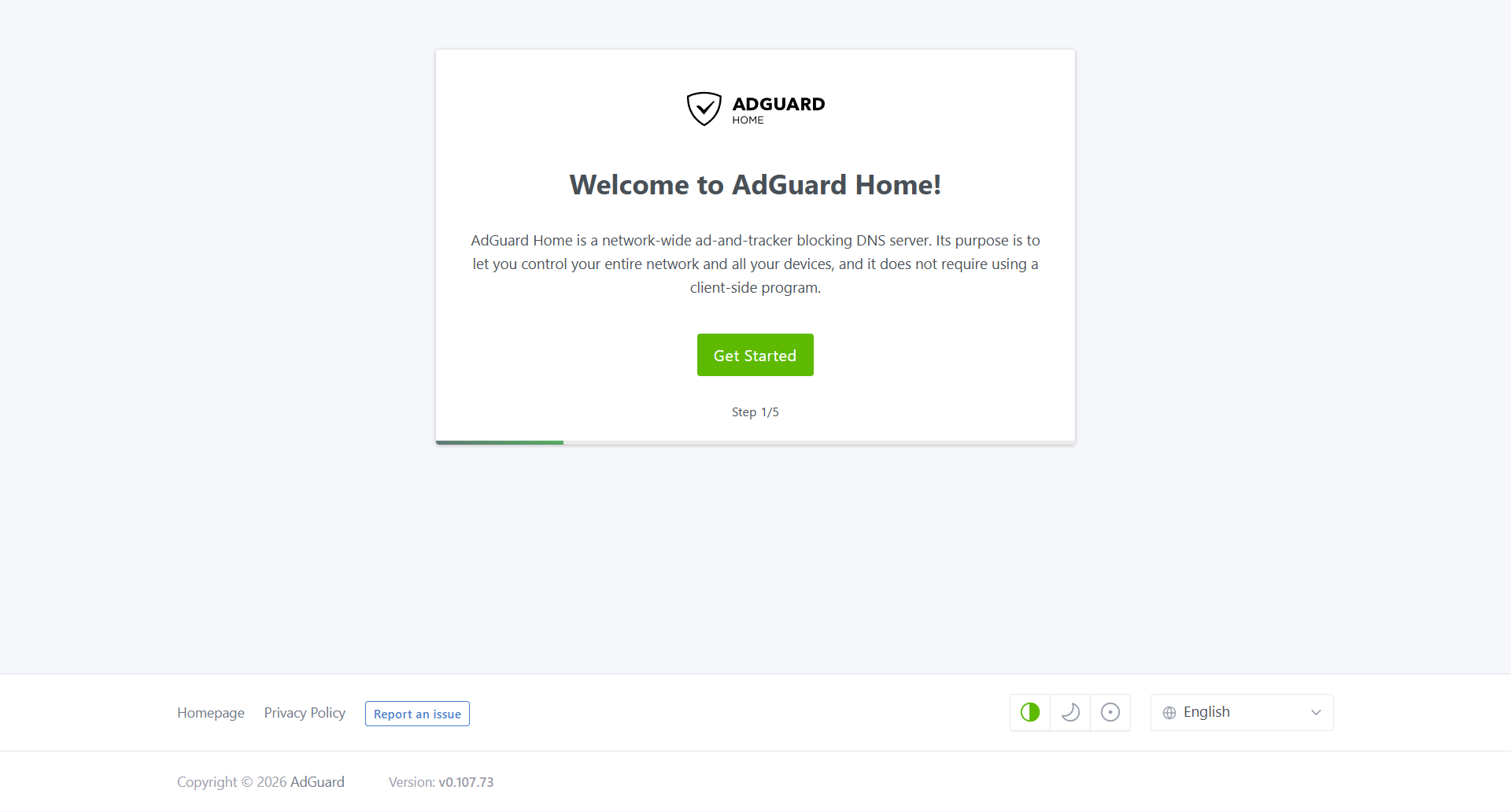 Pantalla de bienvenida del asistente de configuración de AdGuard Home