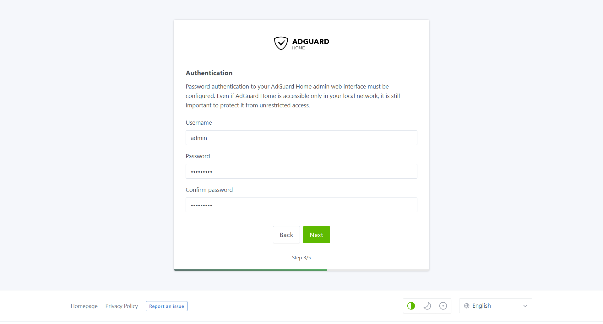 Creación de usuario y contraseña para el panel de AdGuard Home