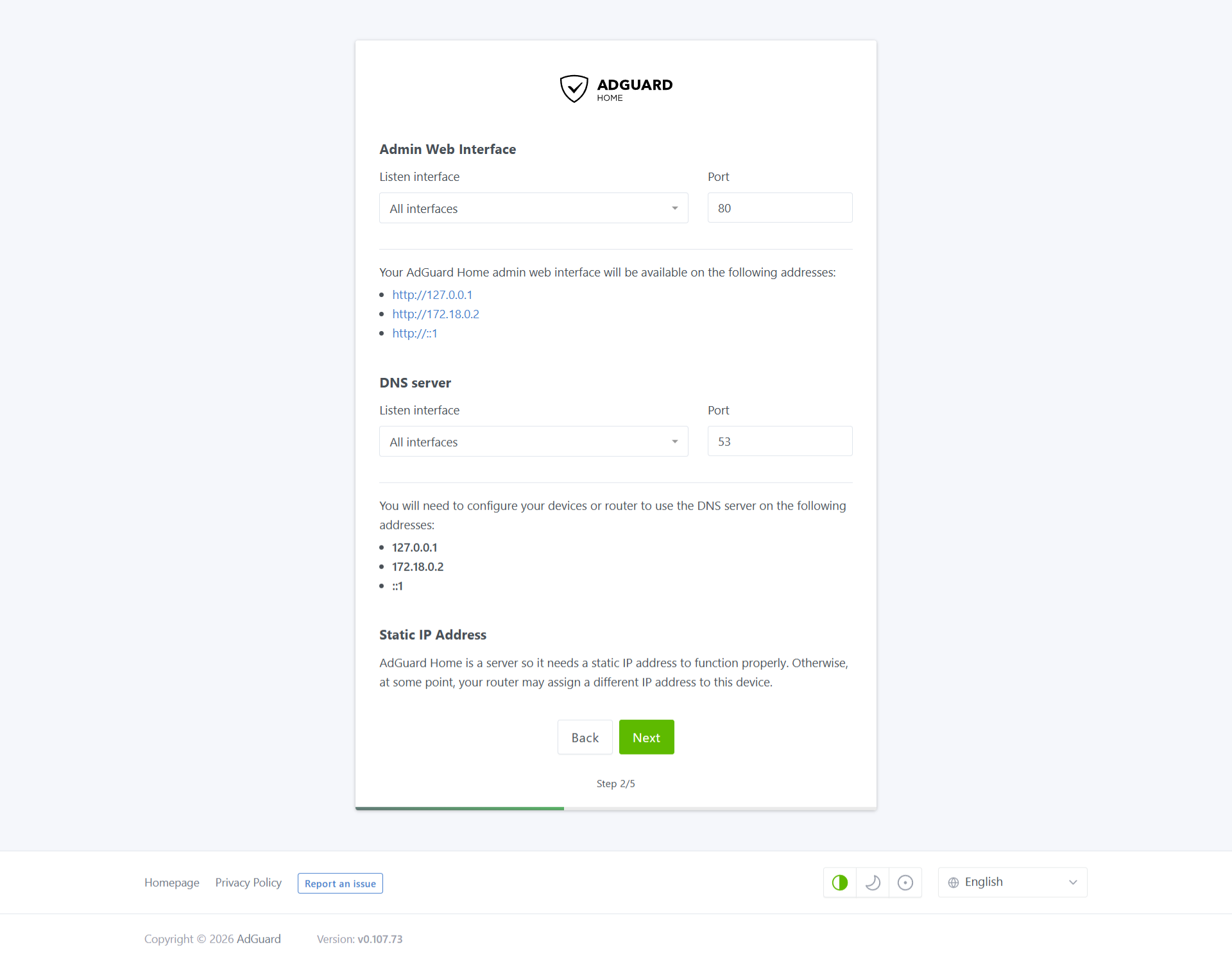 Configuración de interfaces de red y servidor DNS en AdGuard Home