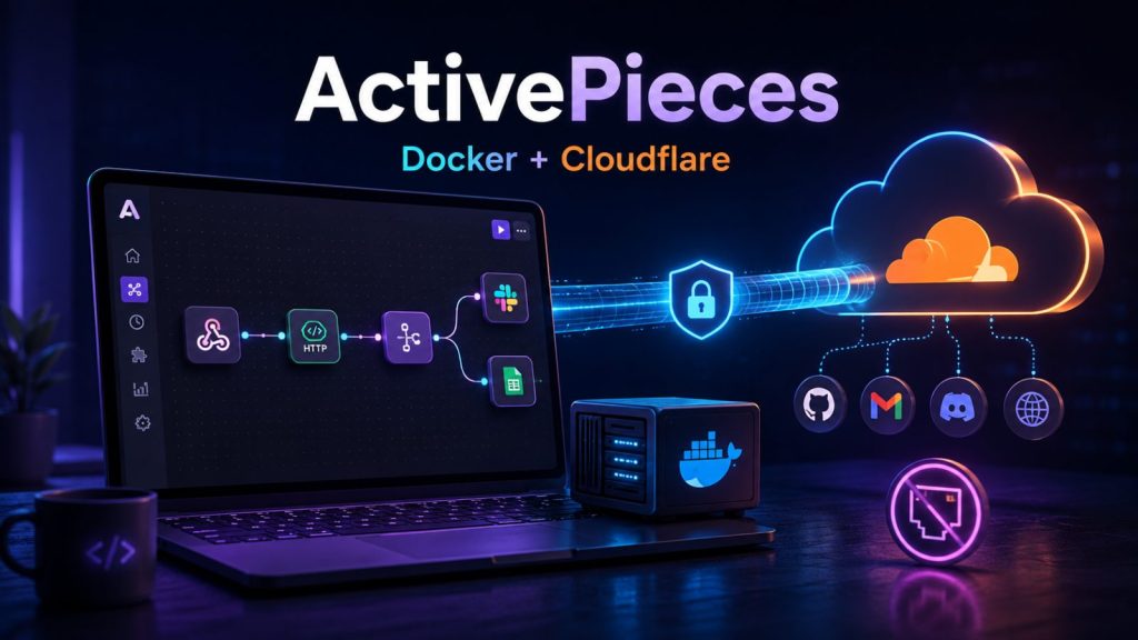Panel de ActivePieces con un flujo de automatización en un portátil, junto a un servidor con Docker conectado por un túnel cifrado de Cloudflare a GitHub, Gmail y Discord