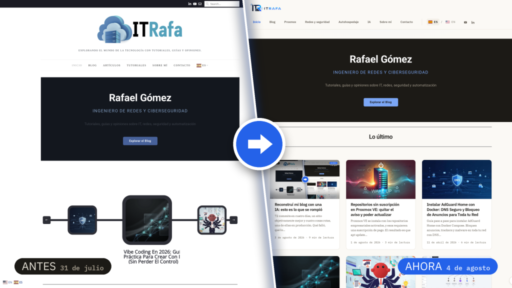 La portada del blog antes y despues de la reconstruccion, separadas por una diagonal con una flecha: a la izquierda el logotipo de nube y el menu anteriores, a la derecha el logotipo actual y la rejilla de entradas
