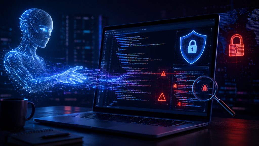 Una figura de inteligencia artificial hecha de puntos de luz introduce código en el portátil de un programador, y en la pantalla van apareciendo avisos de seguridad y vulnerabilidades marcadas en rojo