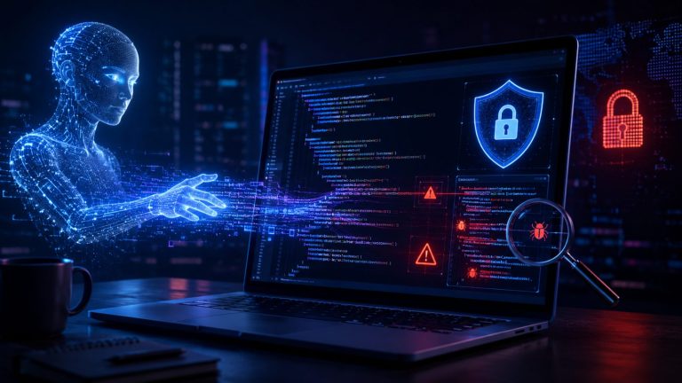 Una figura de inteligencia artificial hecha de puntos de luz introduce código en el portátil de un programador, y en la pantalla van apareciendo avisos de seguridad y vulnerabilidades marcadas en rojo