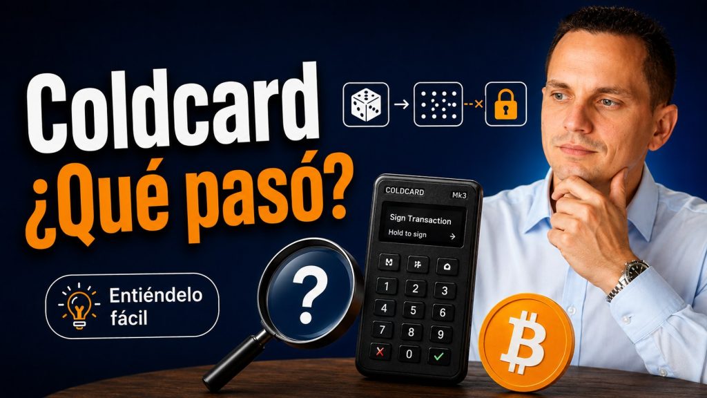 Portada del artículo: el titular «Coldcard, ¿qué pasó?», una hardware wallet Coldcard Mk3 intacta y encendida mostrando una pantalla normal de firma, y un diagrama en el que la cadena dado, entropía y candado se interrumpe con una equis antes de llegar al candado