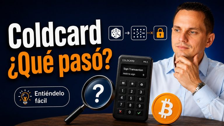 Portada del artículo: el titular «Coldcard, ¿qué pasó?», una hardware wallet Coldcard Mk3 intacta y encendida mostrando una pantalla normal de firma, y un diagrama en el que la cadena dado, entropía y candado se interrumpe con una equis antes de llegar al candado