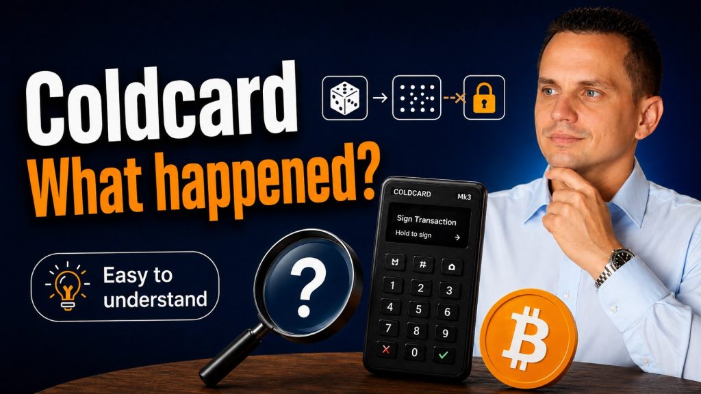 Article cover: the headline "Coldcard: what happened?", an intact Coldcard Mk3 hardware wallet powered on and showing a normal signing screen, and a diagram in which the chain of dice, entropy and padlock is cut short by a cross before it reaches the padlock