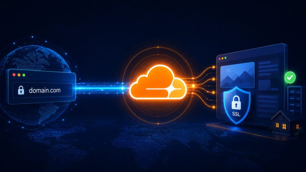Un dominio propio viajando por internet hasta la nube de Cloudflare y desde ahí hasta un sitio web servido con certificado SSL en un servidor doméstico