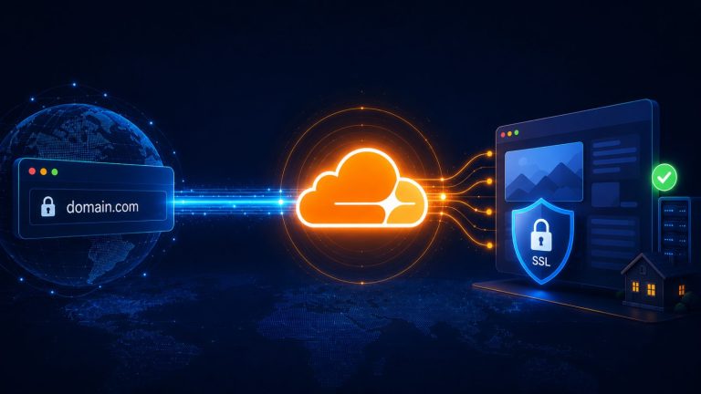 Un dominio propio viajando por internet hasta la nube de Cloudflare y desde ahí hasta un sitio web servido con certificado SSL en un servidor doméstico