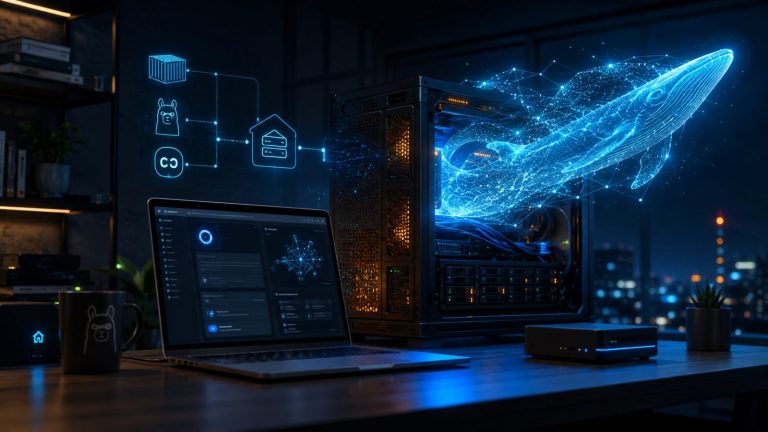 Un servidor de sobremesa en un despacho por la noche ejecutando un modelo de lenguaje en contenedores, con un holograma de la ballena de Docker y un portátil mostrando el panel de la interfaz