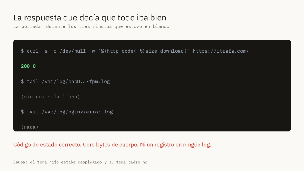 Terminal mostrando que la portada devolvía código 200 con cero bytes de cuerpo y sin registrar nada en los logs