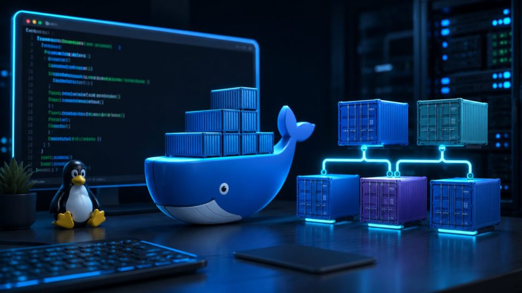 La ballena de Docker cargada de contenedores junto al pingüino de Linux, con varios contenedores enlazados entre sí y un editor de código al fondo