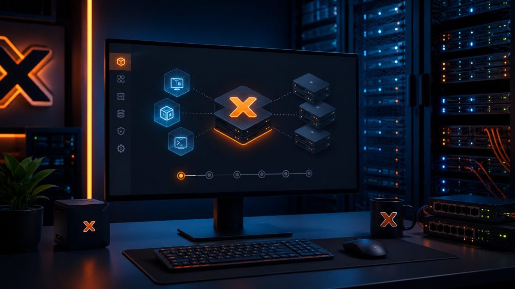 Interfaz de Proxmox VE en un monitor de escritorio mostrando el nodo principal, la consola y el almacenamiento, con una barra de progreso de instalación y un rack de servidores al fondo