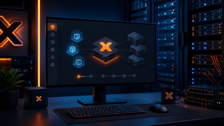 Interfaz de Proxmox VE en un monitor de escritorio mostrando el nodo principal, la consola y el almacenamiento, con una barra de progreso de instalación y un rack de servidores al fondo