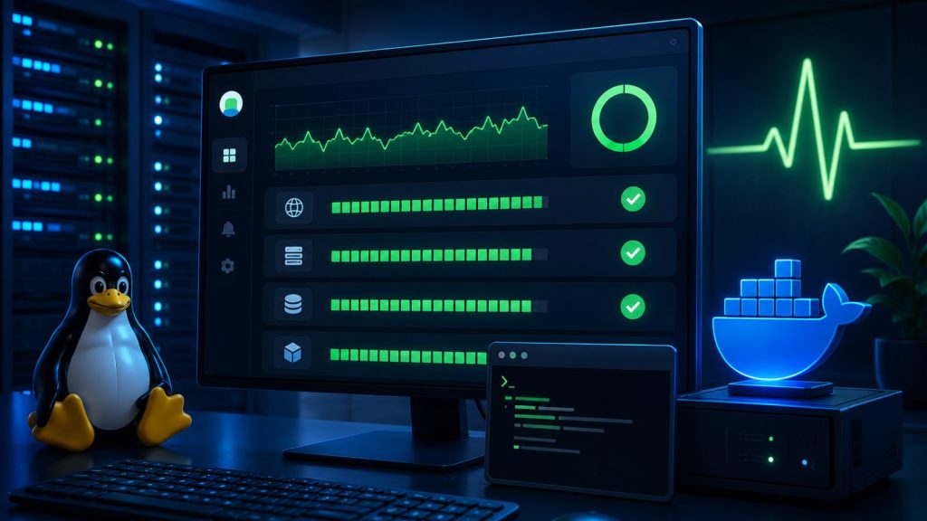 Panel de Uptime Kuma en un monitor con cuatro servicios en verde, su histórico de disponibilidad y una gráfica de latencia, junto al pingüino de Linux y la ballena de Docker