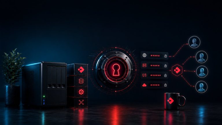 Servidor doméstico con contenedores Docker, una bóveda cifrada y las credenciales compartidas con cuatro personas