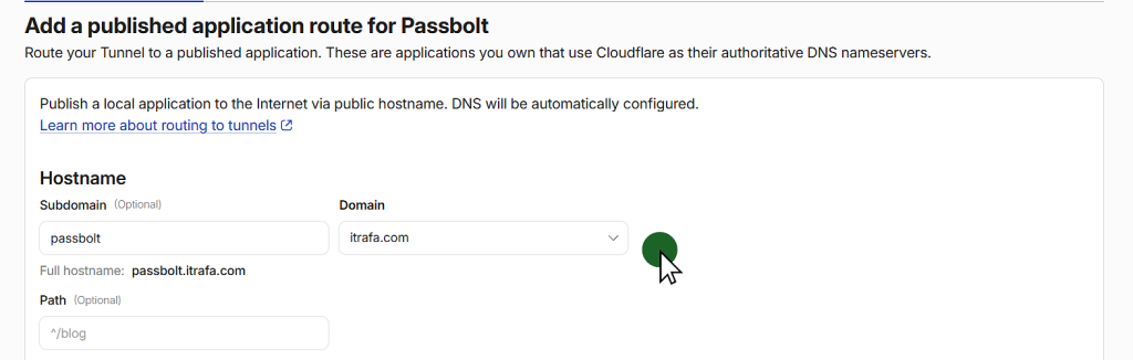 Panel de Cloudflare Zero Trust con el subdominio passbolt y el dominio elegidos para el túnel