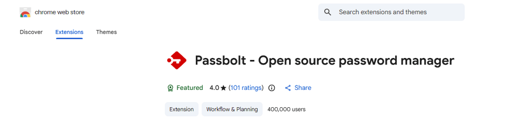Ficha de la extensión oficial de Passbolt en la Chrome Web Store, marcada como destacada y con 400.000 usuarios